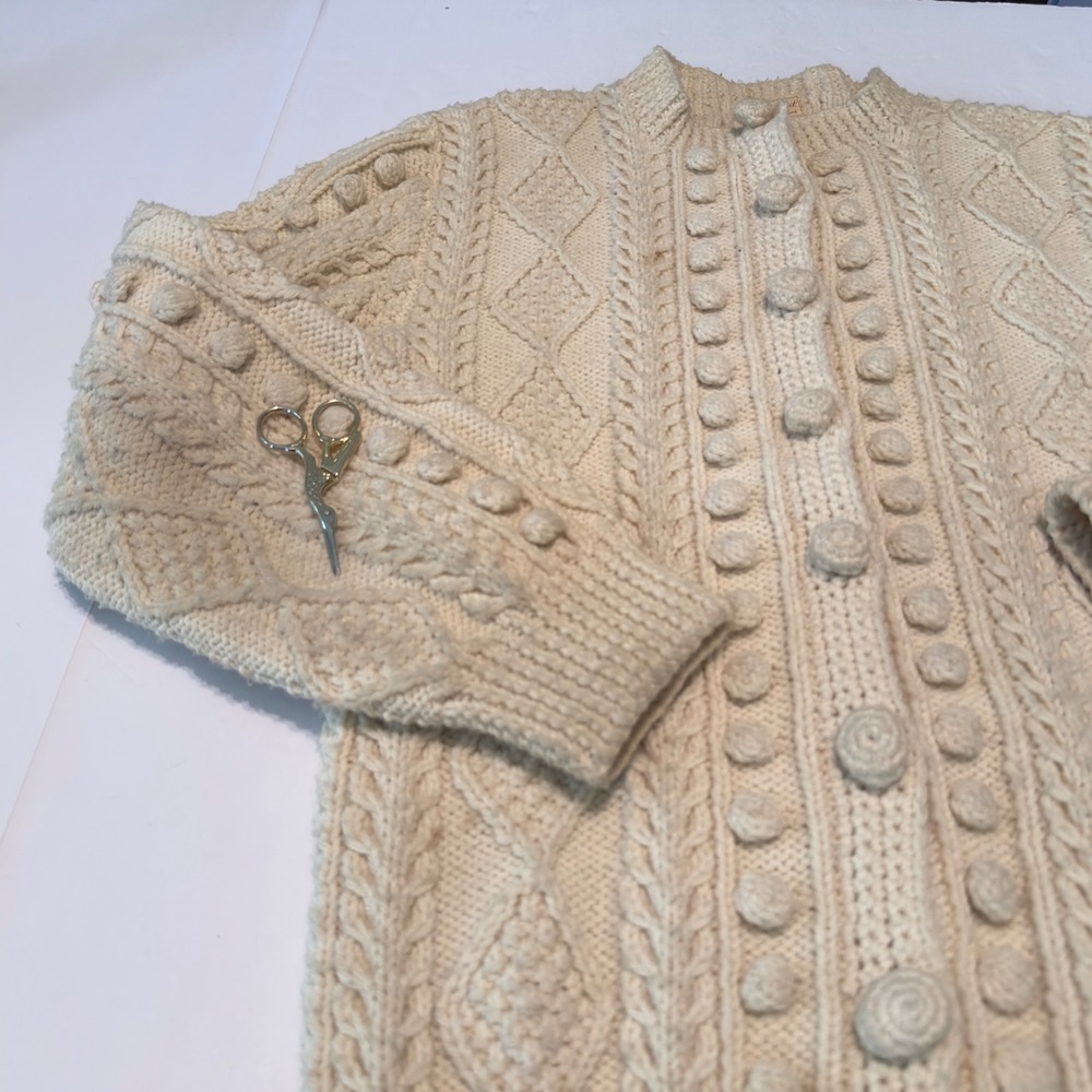 Theresa Farren Hand Knit Wool Aran Cardigan Cream Cable Bobble Fisherman Sweater - Picture 3 of 11